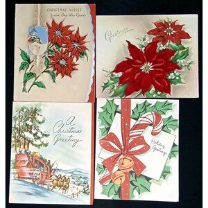 Vintage Christmas Greeting Card Set Of 4 Poinsettia Bell Holiday Ephemera 1940s